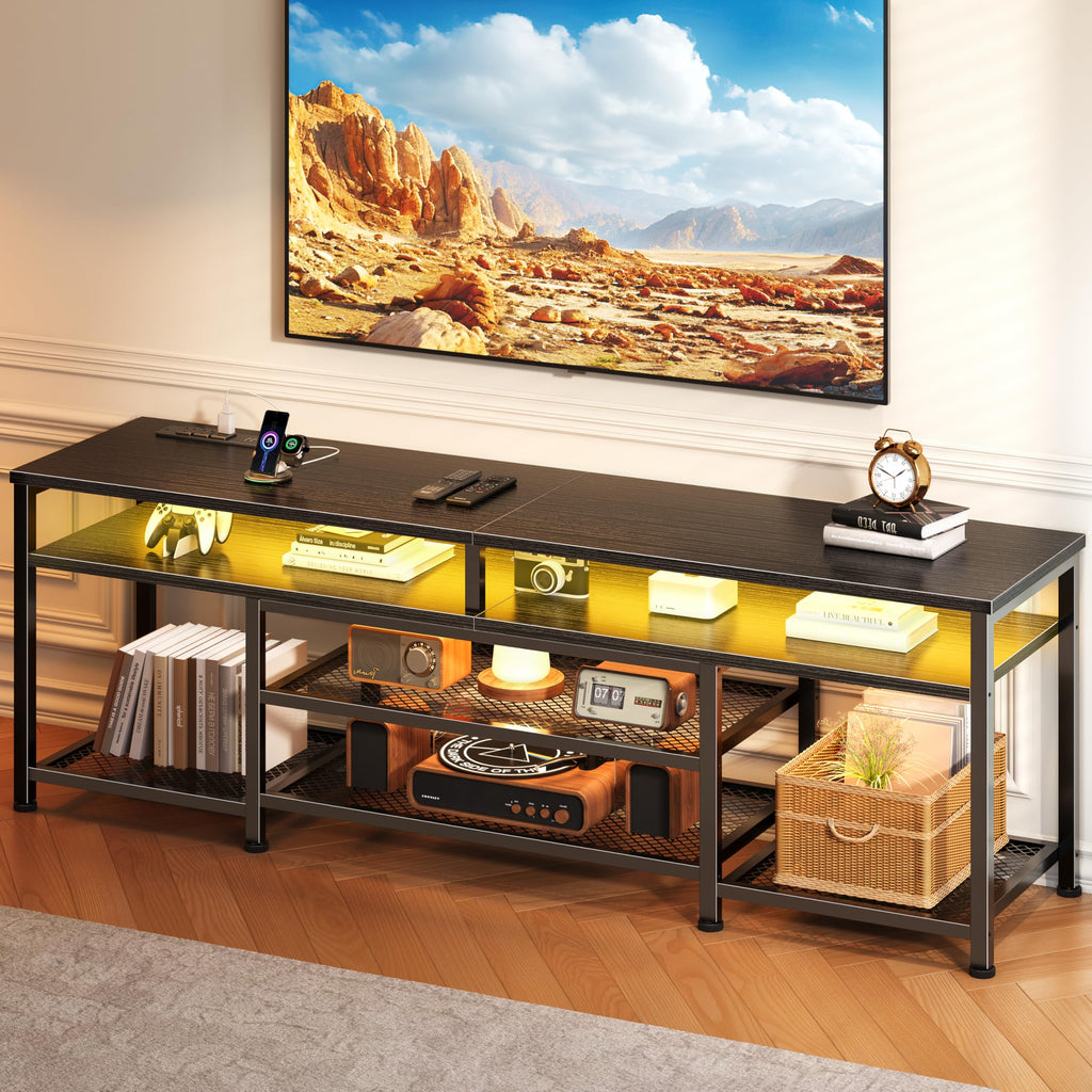 63 Inch TV Stand with Power Outlets & LED Lights, Black X74603