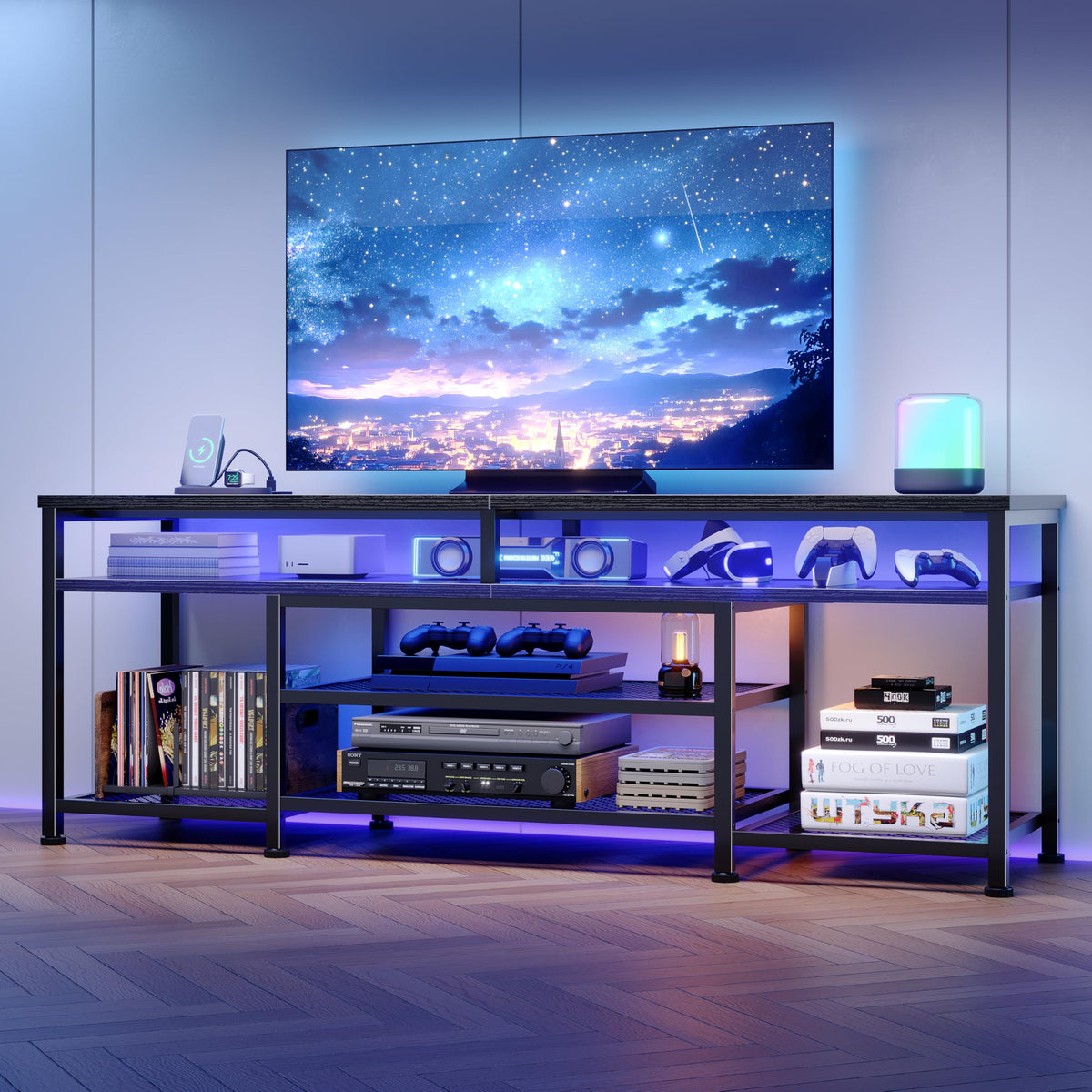 63 Inch TV Stand with Power Outlets & LED Lights, Black X74603