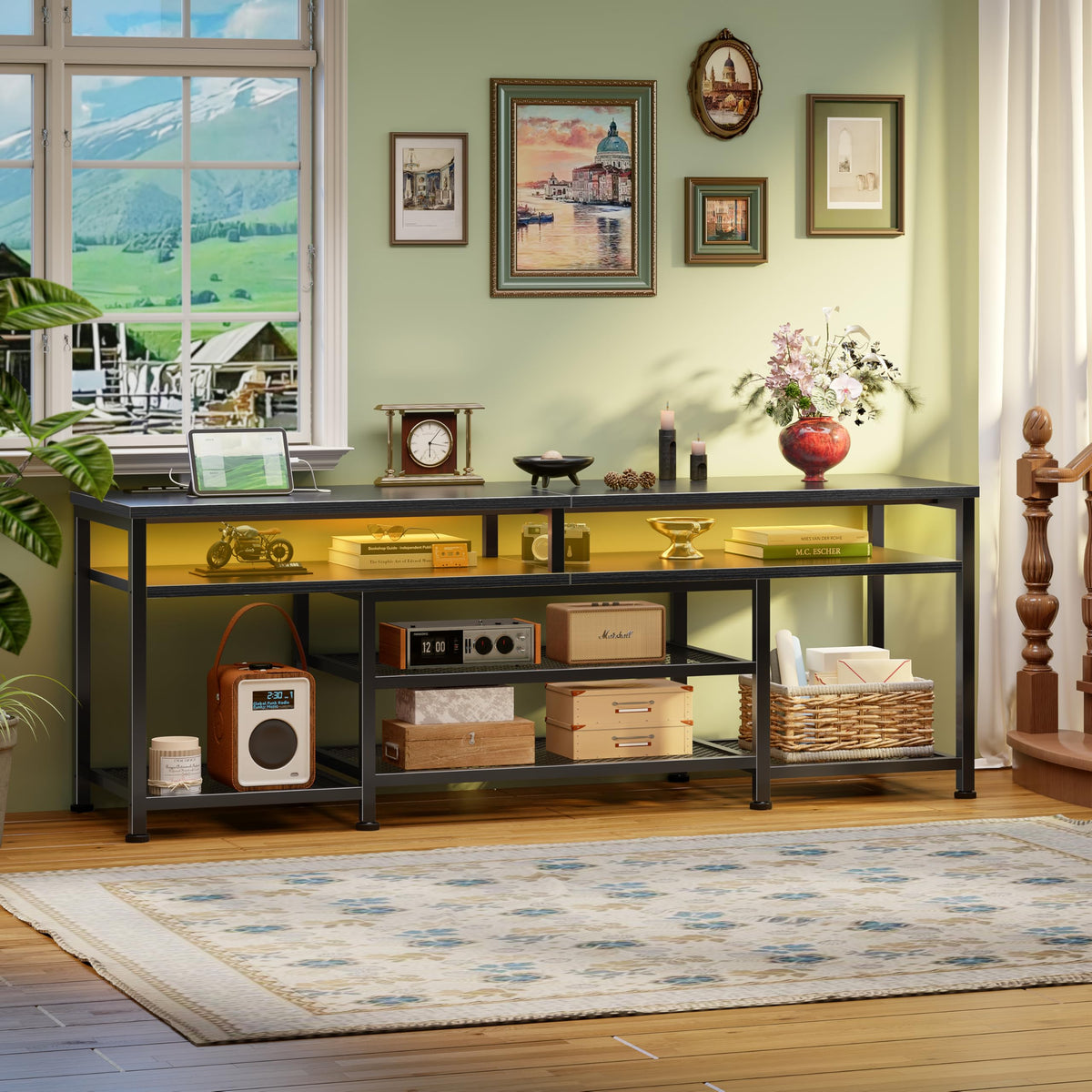 63 Inch TV Stand with Power Outlets & LED Lights, Black X74603