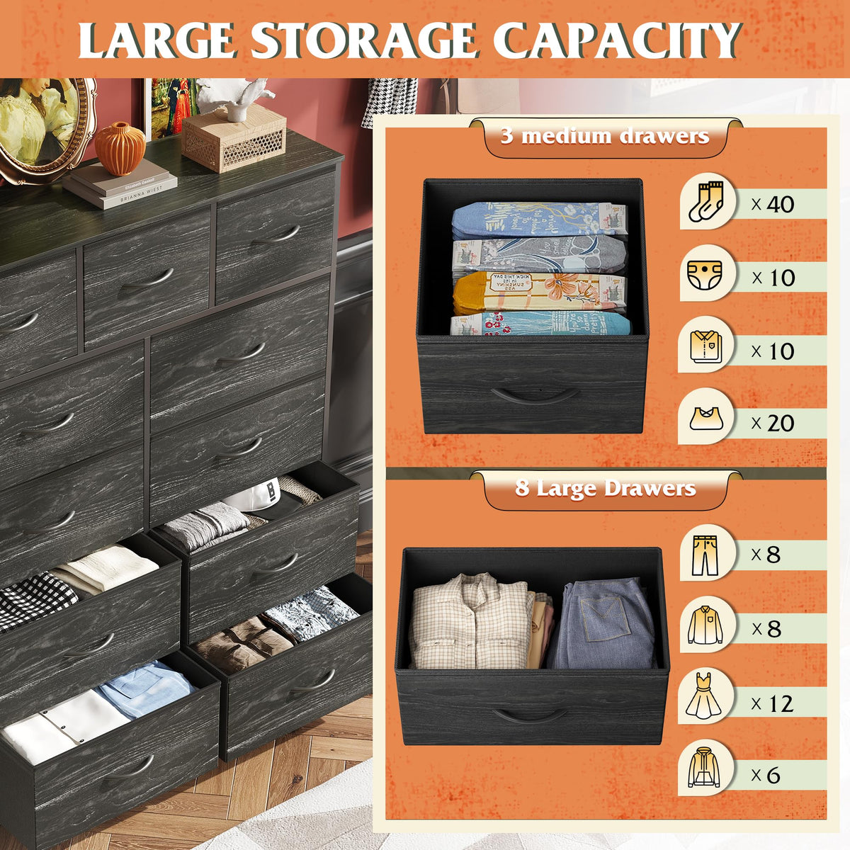 Black 11 Drawer Fabric Dresser N783