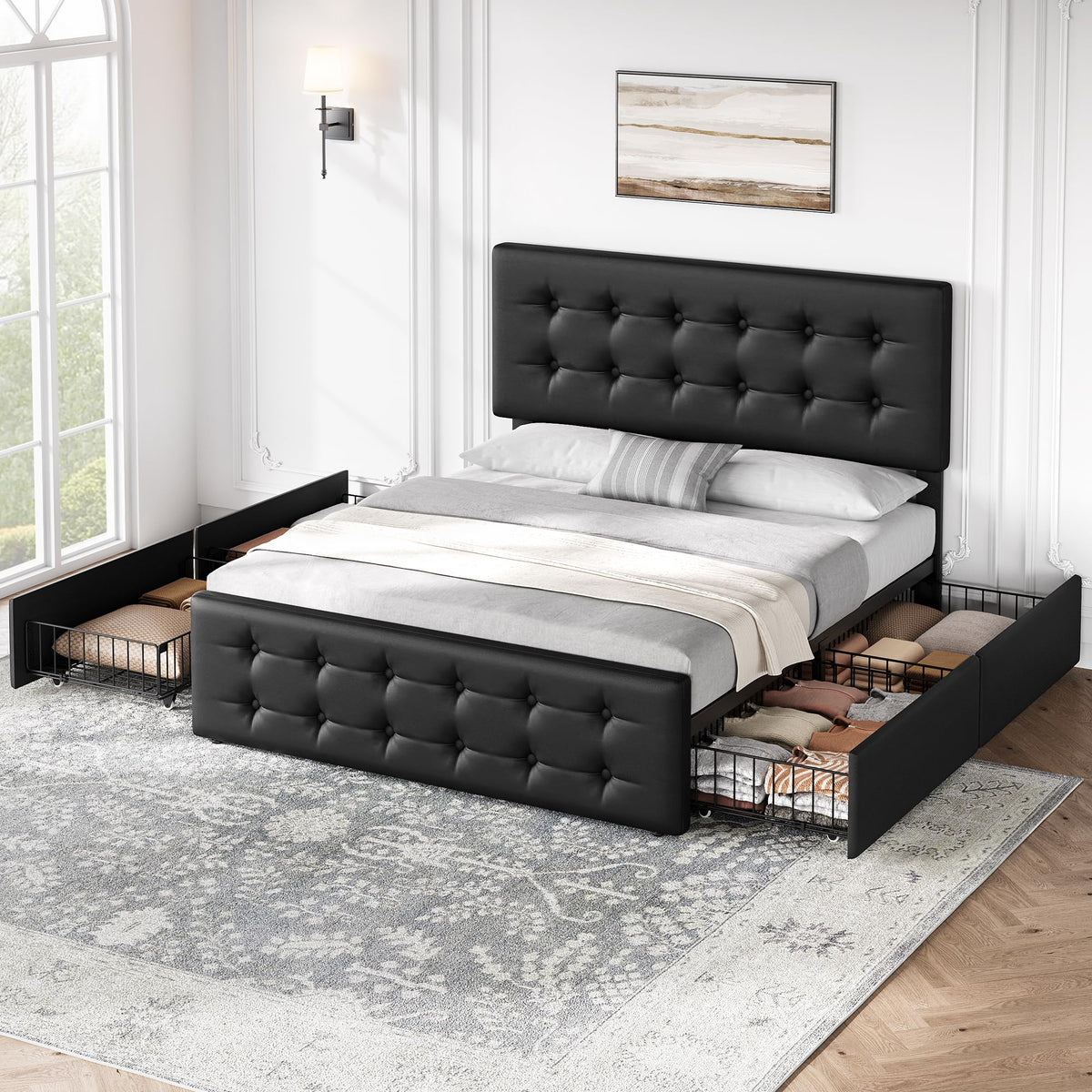 Full Size Bed Frame with 4 Storage Drawers and Headboard, Black K747