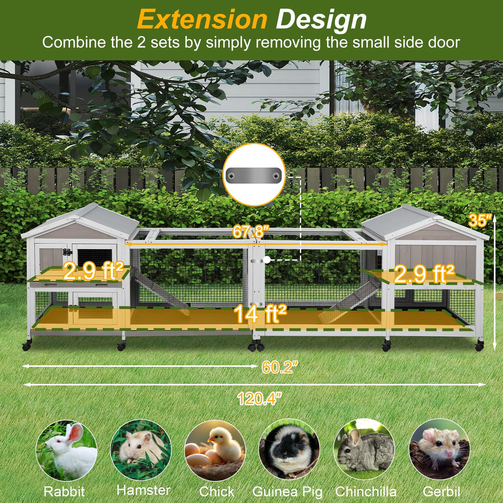 Large Rabbit Hutch with Run 2-Story Bunny Cage 6 Wheels P3064