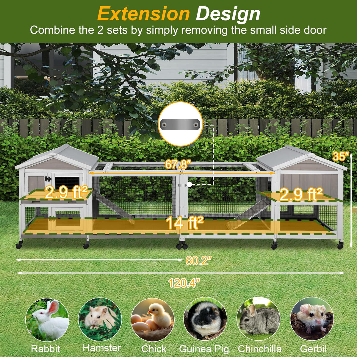 Large Rabbit Hutch with Run 2-Story Bunny Cage 6 Wheels P3064